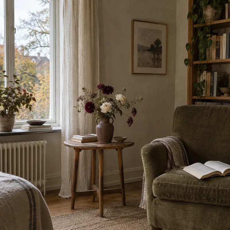 En liten bukett i ett lugnt vardagsrum