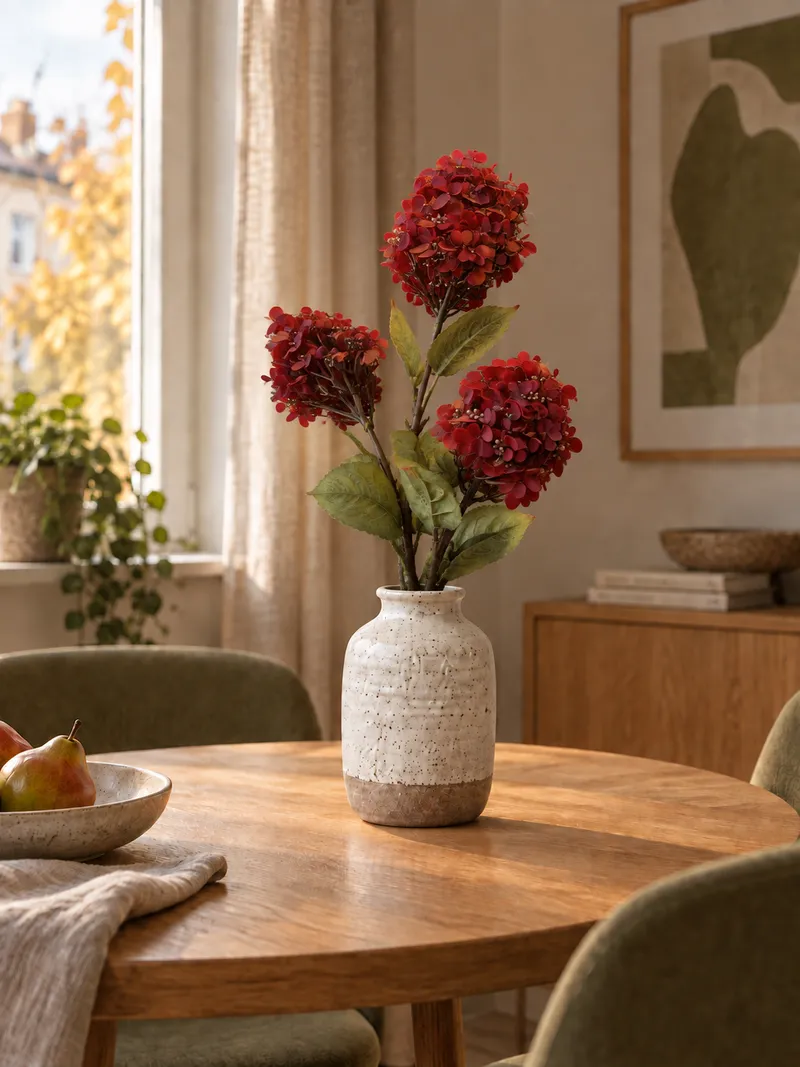 Hortensia — vinröd i en lägenhet – Miljöbild
