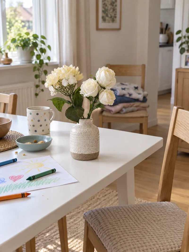 Ljus bukett på ett familjebord med kritor och teckningar