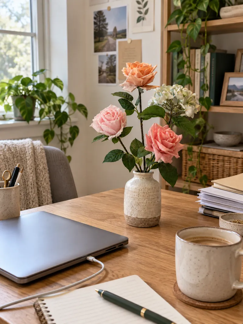 Rosa och aprikos bukett vid en arbetsplats hemma