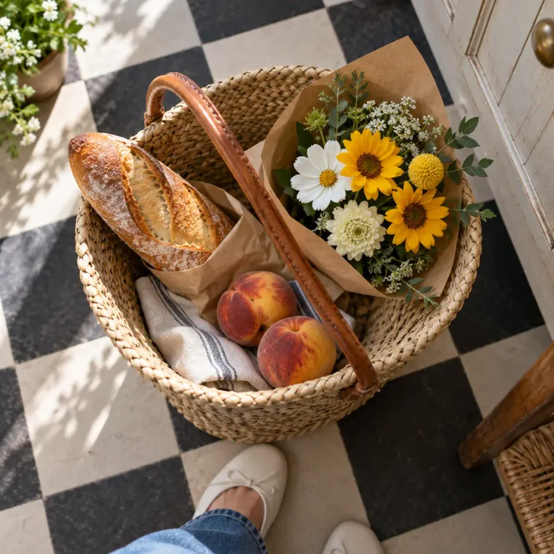 Marknadskorg med en liten gulvit bukett, persikor och en baguette