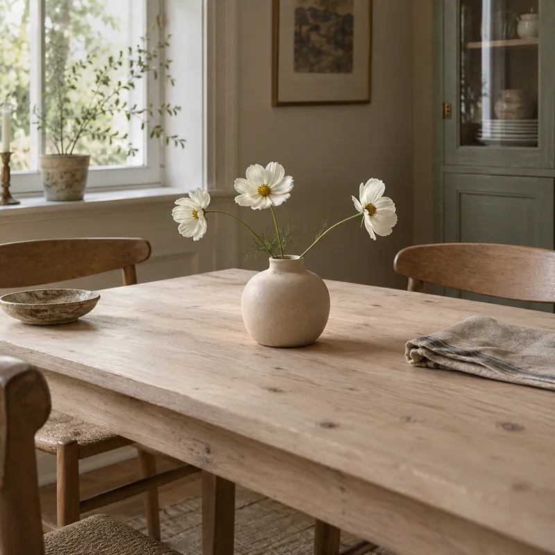 Blommor i vas på ett dukat matbord